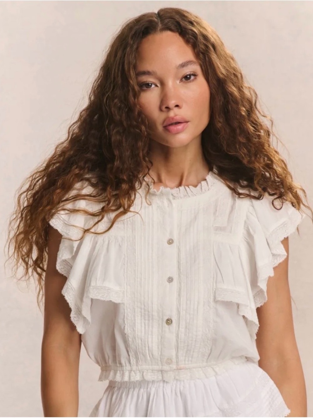 LoveShackFancy Ivory Ruffle Pintuck Button Front Top
